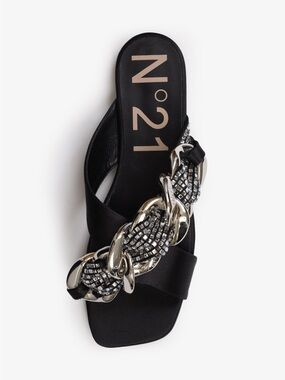 N°21 Black Rhinestone Embellished Chain Satin Slide Sandals - US 8 (39) NWT